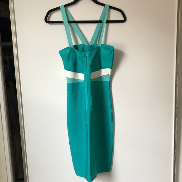 Turquoise Bebe Bodycon Bandage Dress - Picture 4 of 5
